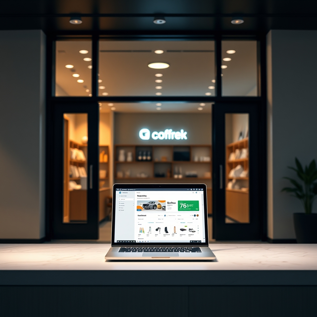 A professional storefront with a laptop displaying a website dashboard under soft lighting