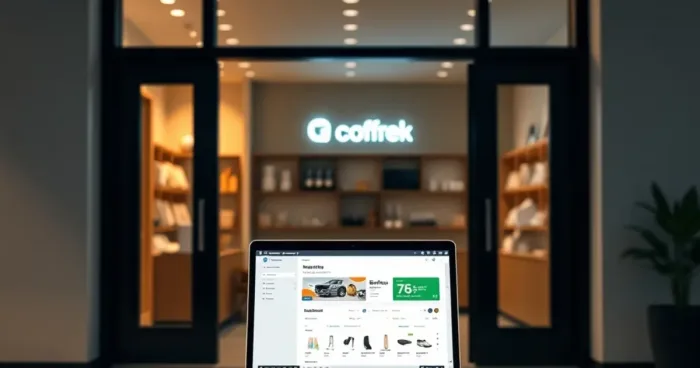 A professional storefront with a laptop displaying a website dashboard under soft lighting