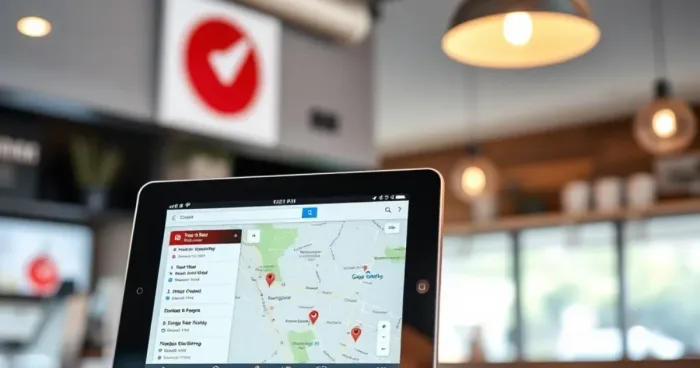 Một quán cà phê hiện đại với màn hình kỹ thuật số hiển thị website và Google Maps, ánh sáng rực rỡ, bố cục chuyên nghiệp