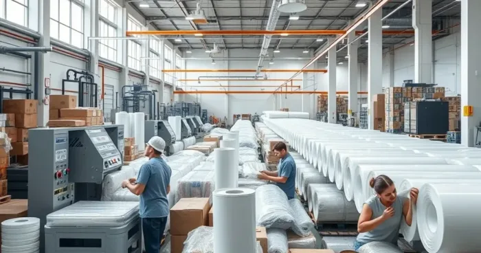 Nhà máy sản xuất bao bì hiện đại với nhân viên đang vận hành dây chuyền sản xuất màng nhựa, ánh sáng tự nhiên chiếu vào các sản phẩm đang được kiểm tra chất lượng.
