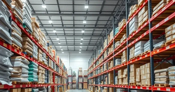 Kho hàng hiện đại với các gói bao bì được xếp gọn gàng dưới ánh sáng trắng, thể hiện sự chuyên nghiệp và hiệu quả trong quản lý