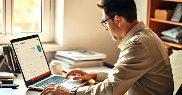 Một chủ cửa hàng đang xem bảng điều khiển Shopee trên laptop, không gian làm việc có ánh sáng tự nhiên, tập trung vào giao diện quản lý chi phí của Shopee.