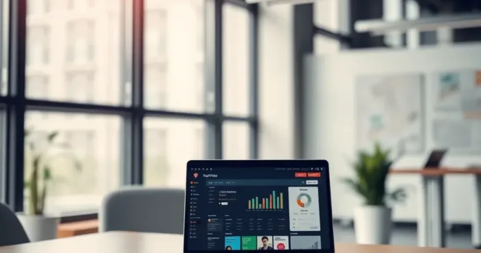 A modern office with a laptop showing a website dashboard, natural lighting, and a clean workspace