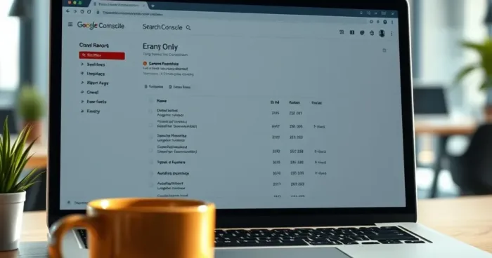 Màn hình laptop hiển thị bảng điều khiển Google Search Console với báo cáo lỗi crawl, ly cà phê trên bàn, ánh sáng tự nhiên dịu nhẹ và nền văn phòng hiện đại