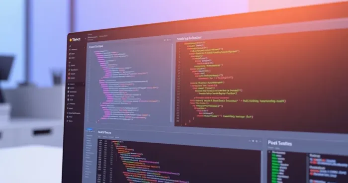 A professional website dashboard showing code and data structures with bright lighting