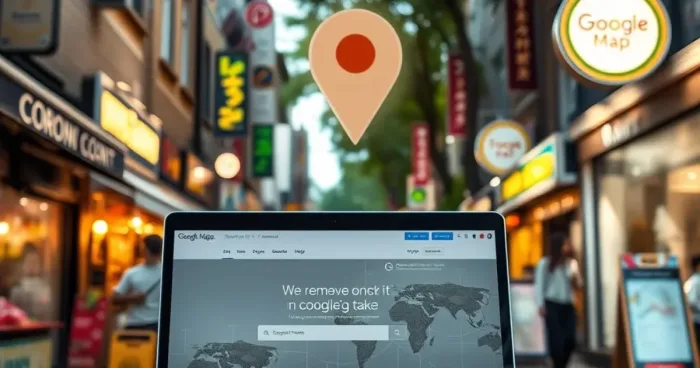 Cửa hàng nhỏ với website chuyên nghiệp và biểu tượng Google Maps sáng đèn, ánh sáng tự nhiên