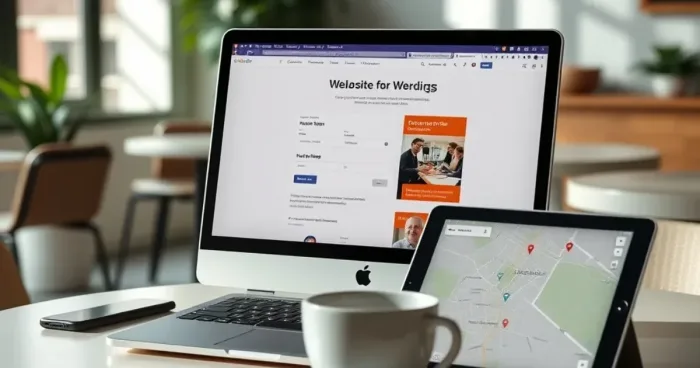 Một quán cà phê hiện đại với giao diện website đang được tạo trên máy tính xách tay, ánh sáng tự nhiên nhẹ nhàng và màn hình hiển thị dữ liệu Google Maps.