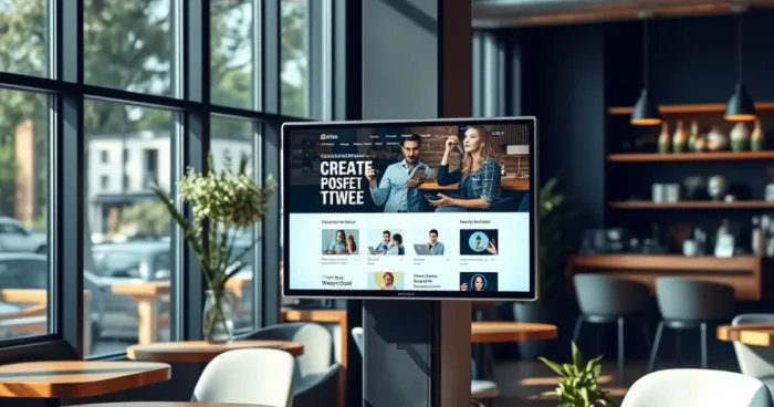 A modern café with a digital screen showing a website creation interface, natural lighting, and a professional setup