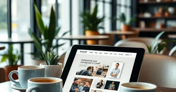 A modern café with a professional website displayed on a tablet, surrounded by coffee cups and plants, under soft natural lighting