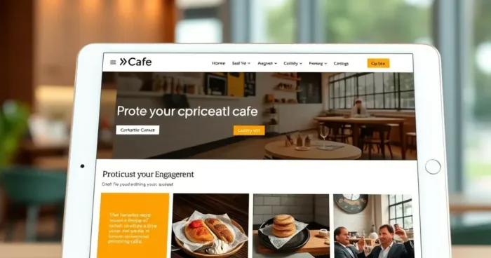 A modern café with a sleek website displayed on a tablet, showcasing professional design and customer engagement features.