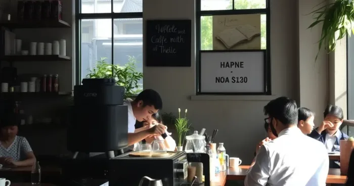 Café in Hanoi with barista and customers, natural lighting, warm tones