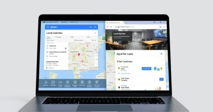 A laptop screen showing Google Maps integration with a local business website builder, emphasizing location data and SEO optimization