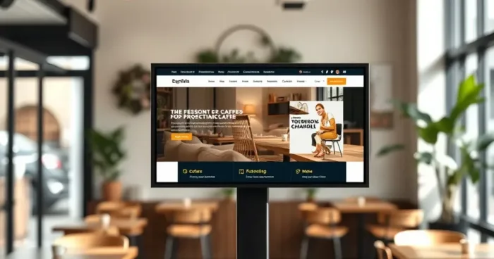 Một quán cà phê hiện đại với màn hình hiển thị website chuyên nghiệp, ánh sáng tự nhiên dịu nhẹ và không gian ấm cúng với nội thất gỗ và cây xanh