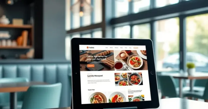 A modern restaurant with a professional website displayed on a tablet, natural lighting, and a clean, organized layout