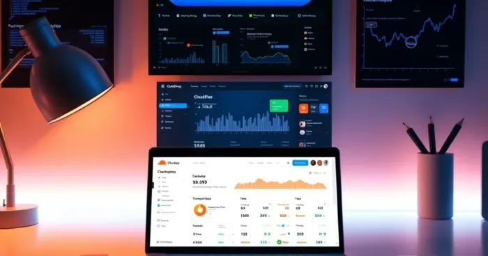 Một không gian làm việc công nghệ hiện đại với laptop hiển thị bảng điều khiển Cloudflare Pages, xung quanh là các biểu đồ dữ liệu, ánh sáng ấm áp và thiết kế tối giản.