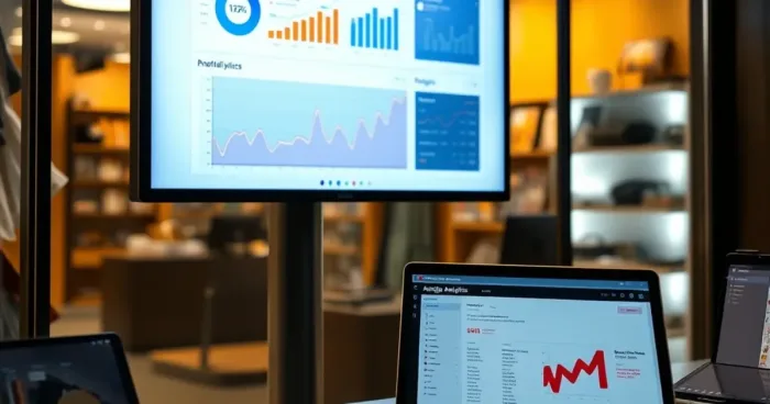 A modern storefront with digital analytics display and tech gadgets, showing website optimization tools