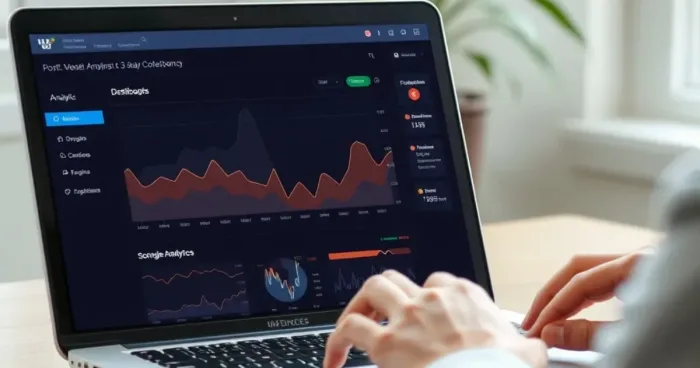 Một người đang làm việc trên laptop với giao diện phân tích website, ánh sáng tự nhiên, không có mặt người hoặc chữ.