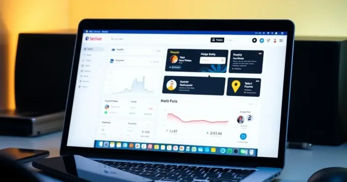 Màn hình laptop hiển thị bảng điều khiển website, bên cạnh là điện thoại và máy tính bảng, ánh sáng dịu và bàn làm việc sạch sẽ