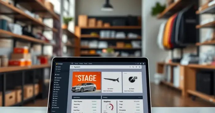 A small store with a laptop displaying a website dashboard, highlighting optimization tools and customer data