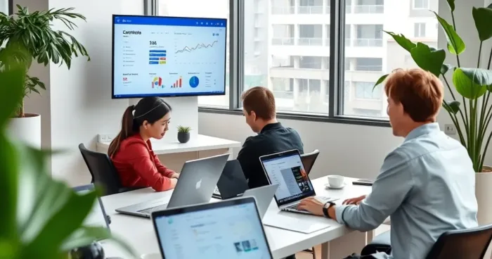 A modern Hanoi office with a team working on laptops and a digital dashboard showing a website dashboard