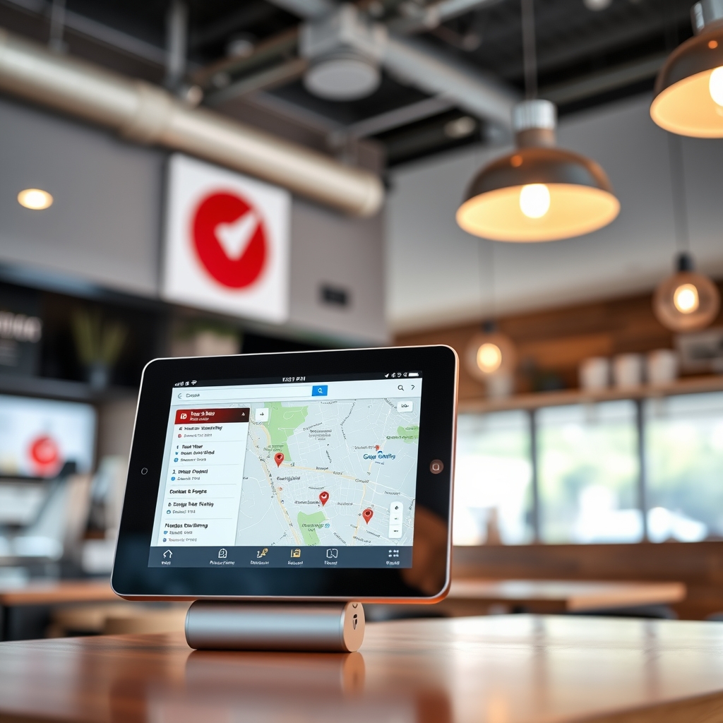 Một quán cà phê hiện đại với màn hình kỹ thuật số hiển thị website và Google Maps, ánh sáng rực rỡ, bố cục chuyên nghiệp