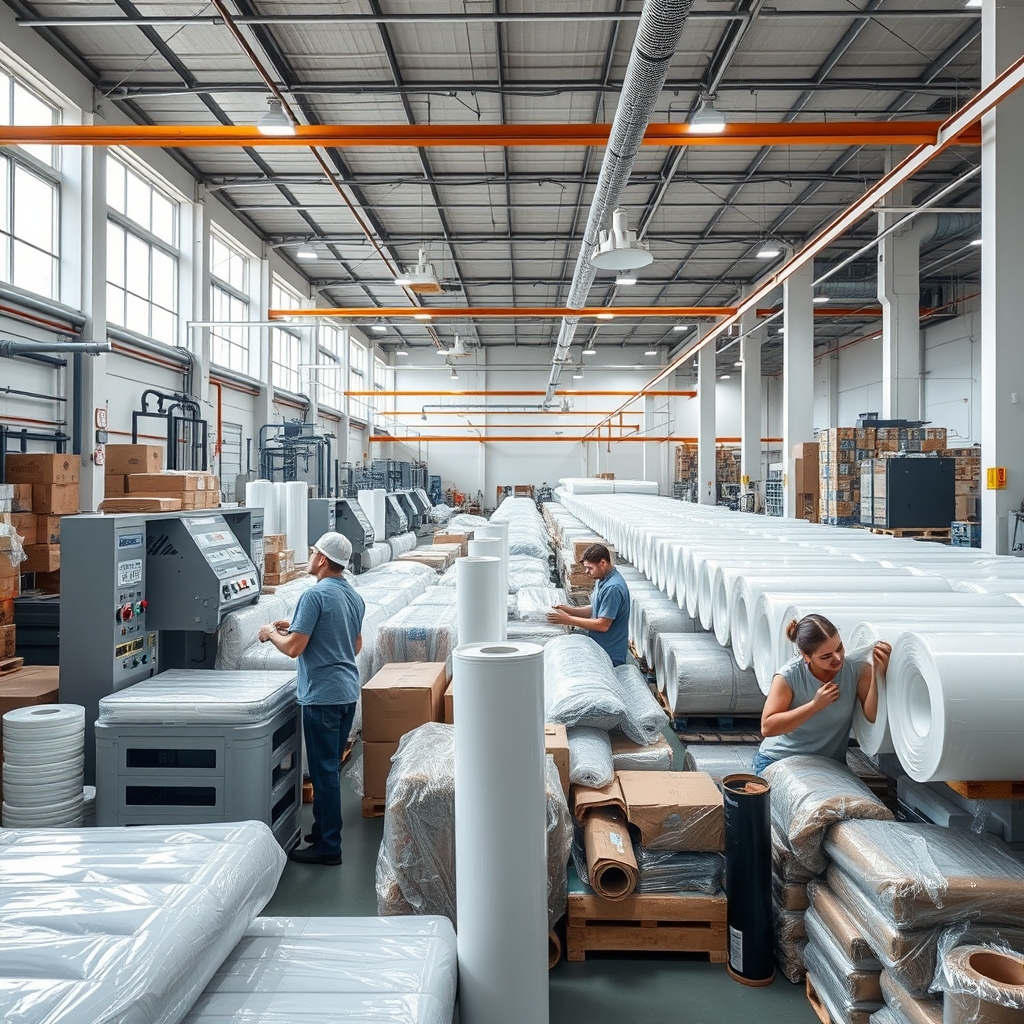 Nhà máy sản xuất bao bì hiện đại với nhân viên đang vận hành dây chuyền sản xuất màng nhựa, ánh sáng tự nhiên chiếu vào các sản phẩm đang được kiểm tra chất lượng.
