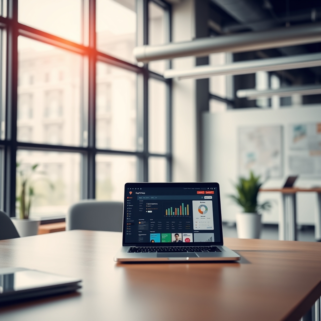 A modern office with a laptop showing a website dashboard, natural lighting, and a clean workspace