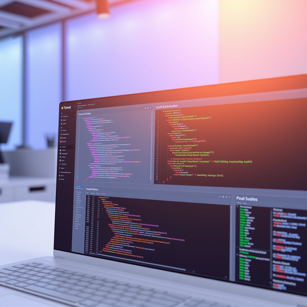 A professional website dashboard showing code and data structures with bright lighting
