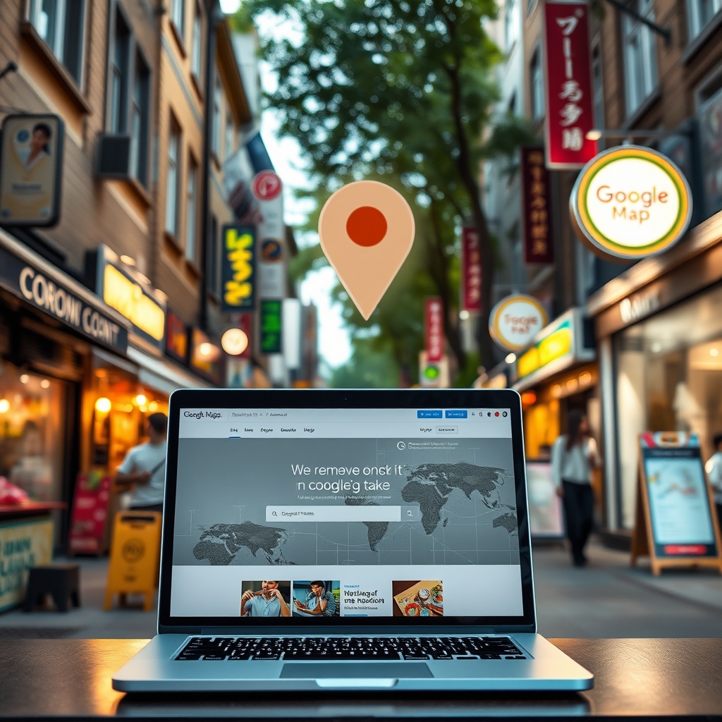 Cửa hàng nhỏ với website chuyên nghiệp và biểu tượng Google Maps sáng đèn, ánh sáng tự nhiên