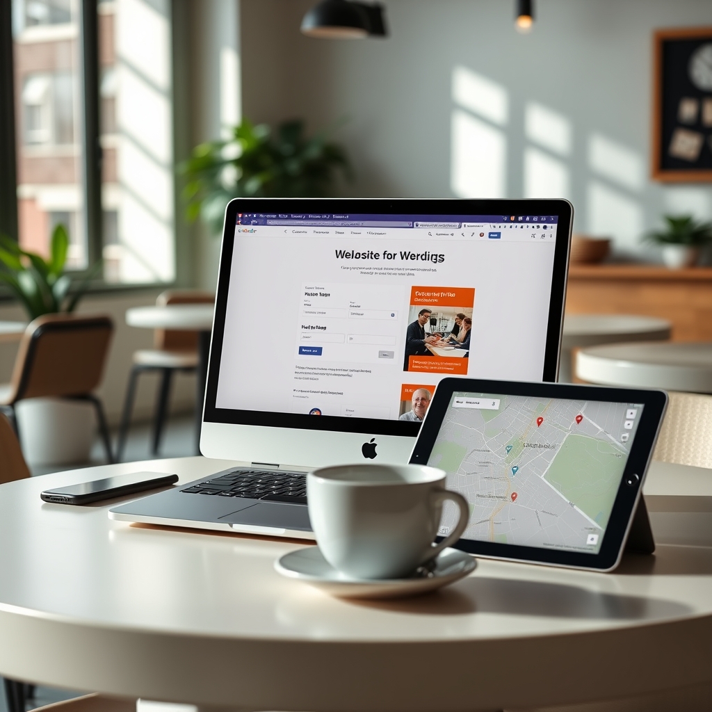 Một quán cà phê hiện đại với giao diện website đang được tạo trên máy tính xách tay, ánh sáng tự nhiên nhẹ nhàng và màn hình hiển thị dữ liệu Google Maps.