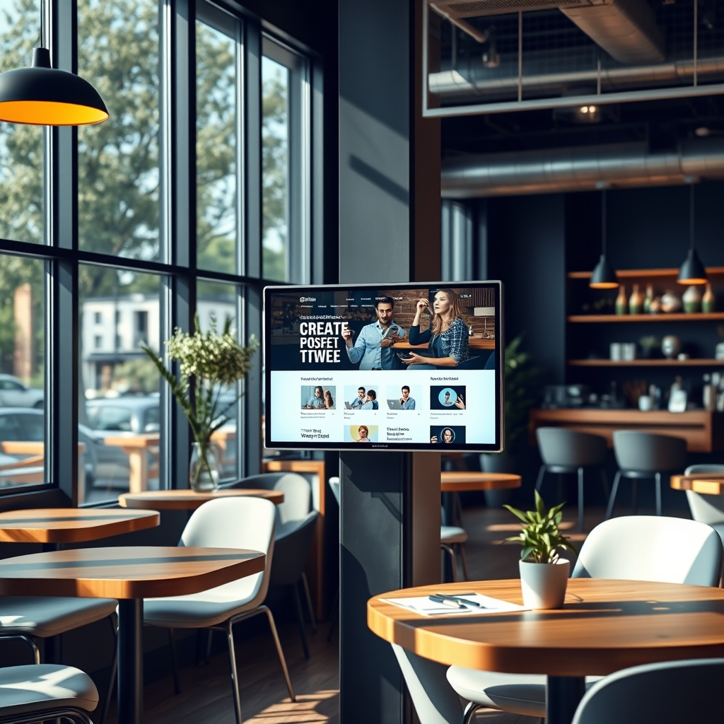 A modern café with a digital screen showing a website creation interface, natural lighting, and a professional setup