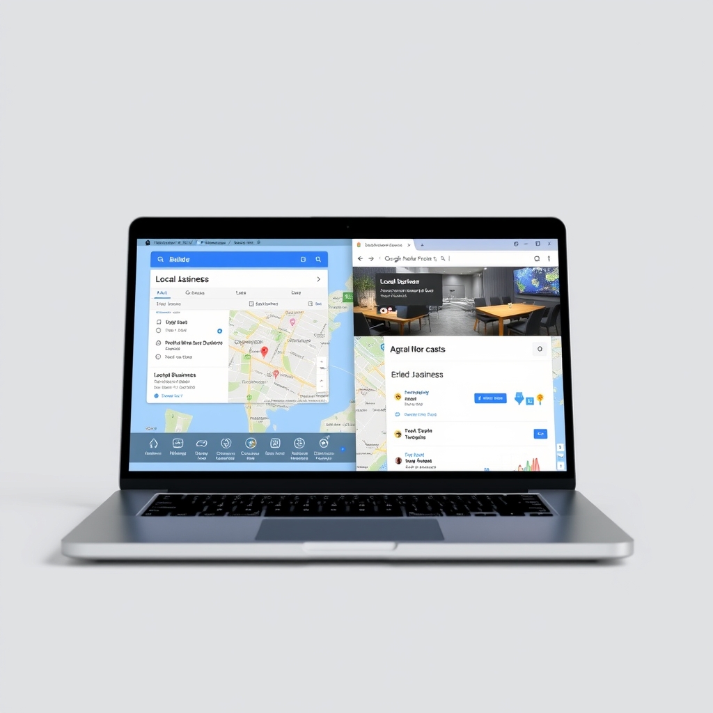 A laptop screen showing Google Maps integration with a local business website builder, emphasizing location data and SEO optimization