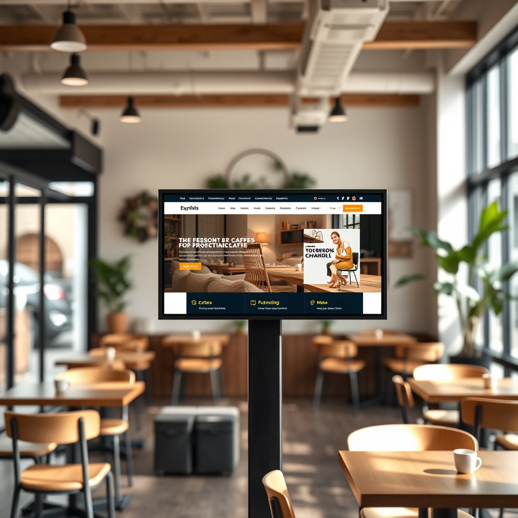 Một quán cà phê hiện đại với màn hình hiển thị website chuyên nghiệp, ánh sáng tự nhiên dịu nhẹ và không gian ấm cúng với nội thất gỗ và cây xanh