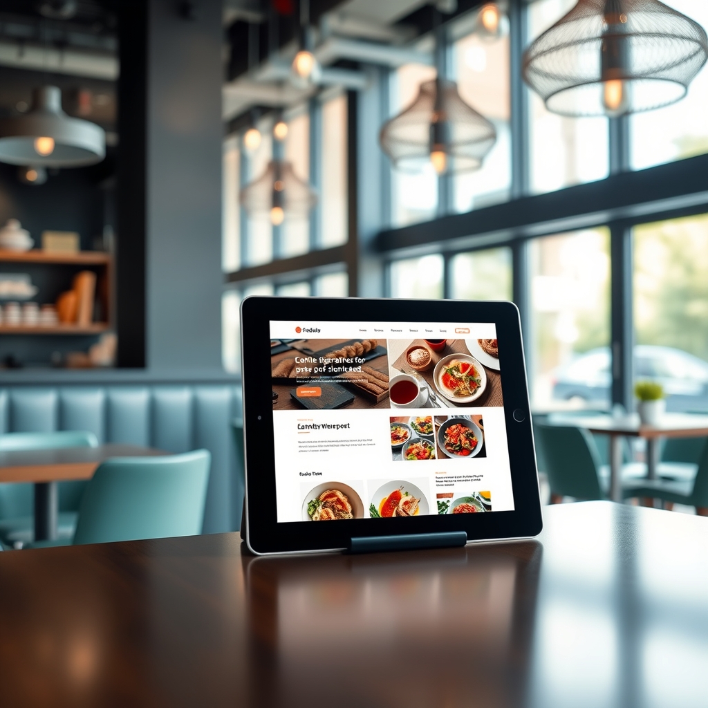A modern restaurant with a professional website displayed on a tablet, natural lighting, and a clean, organized layout