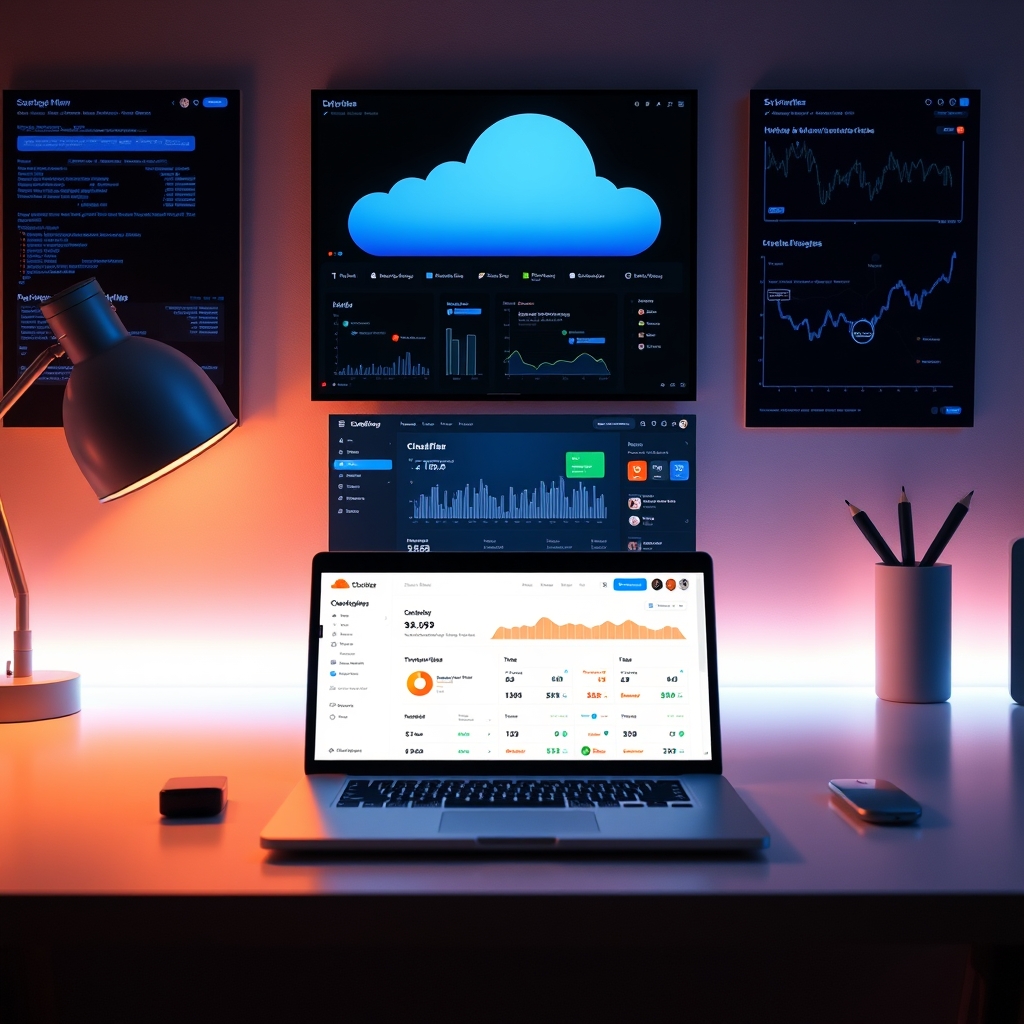 Một không gian làm việc công nghệ hiện đại với laptop hiển thị bảng điều khiển Cloudflare Pages, xung quanh là các biểu đồ dữ liệu, ánh sáng ấm áp và thiết kế tối giản.